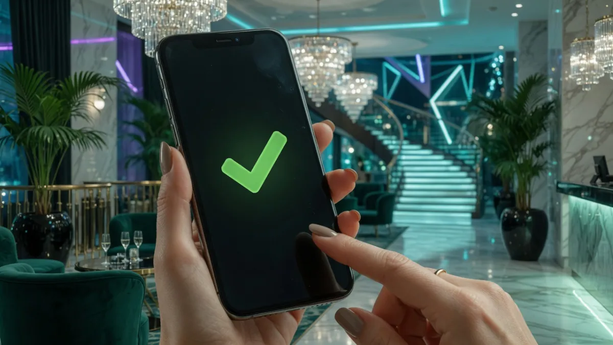 Smartphone avec une coche verte et jetons de casino